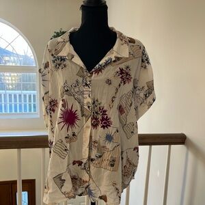 Lucky Brand Cream Button-Front Floral & Map Print Top